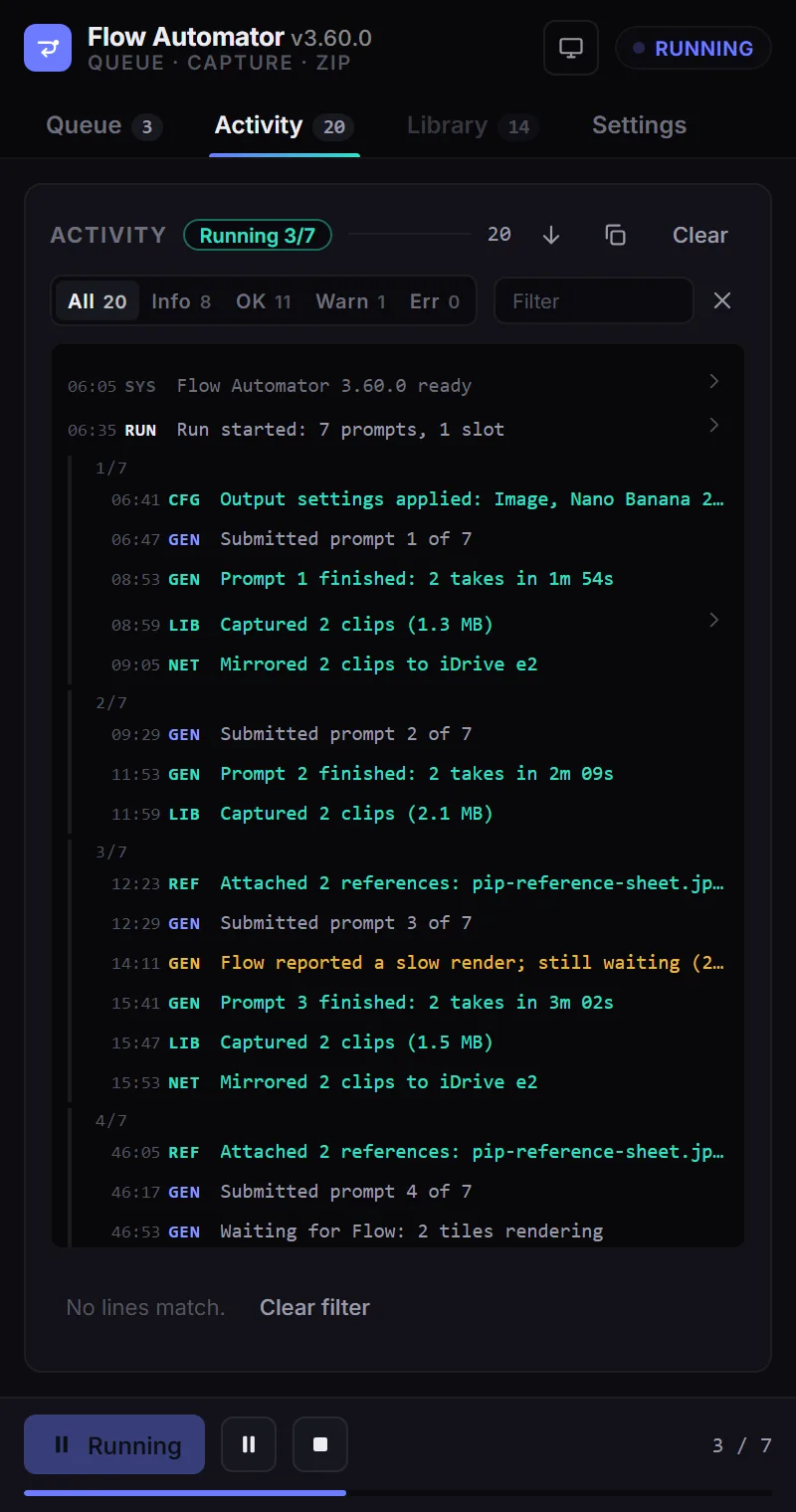 The Activity tab logging a run
