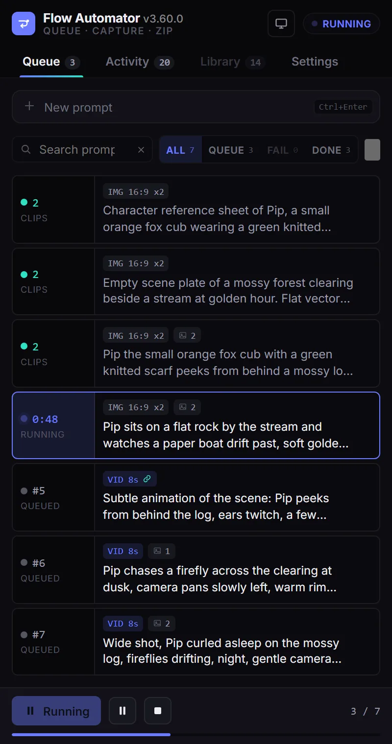 The Queue tab with seven prompts, one running